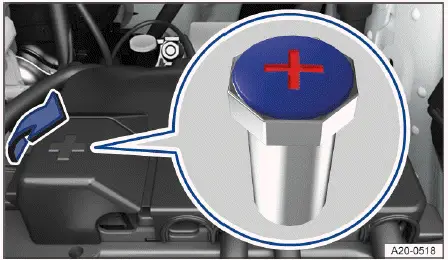 Borne positive Volkswagen ID.4 compartiment avant sous cache connexion câble rouge