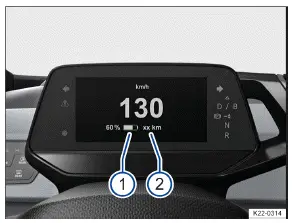 Volkswagen ID.3 - Fig. 1 Dans le combiné d'instruments numérique : état de charge de la batterie haute tension 1 et autonomie du véhicule 2 (schéma de principe)