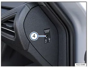 Volkswagen ID.3 - Fig. 2 Avec la porte du passager avant ouverte (véhicules à direction à gauche) : commande à clé dans le tableau de bord (position symétriquement opposée pour les véhicules à direction à droite)