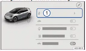 Volkswagen ID.3 - Fig. 1 Système d'infodivertissement : menu de sortie avec bouton de fonction pour le processus de recharge (schéma de principe)