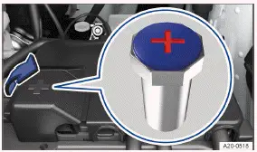 Volkswagen ID.3 - Fig. 1 Dans le compartiment avant, sous un cache : borne positive de la prise de démarrage de fortune