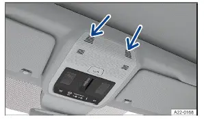 Volkswagen ID.3 - Fig. 1 Dans la console de pavillon : capteurs de la protection volumétrique (flèches)